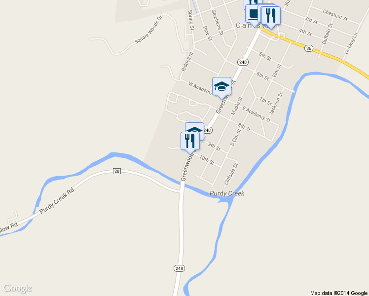 map of restaurants, bars, coffee shops, grocery stores, and more near Elem School in Canisteo