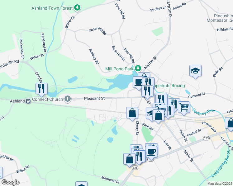 map of restaurants, bars, coffee shops, grocery stores, and more near 89-91 Pleasant Street in Ashland