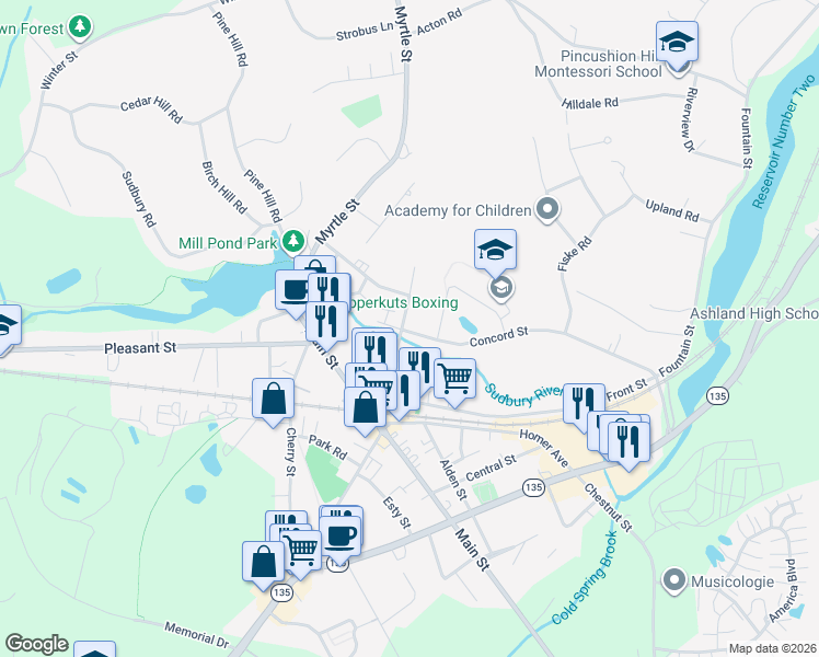 map of restaurants, bars, coffee shops, grocery stores, and more near 74 Concord Street in Ashland