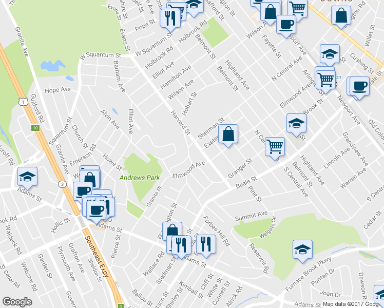 map of restaurants, bars, coffee shops, grocery stores, and more near 64 Piermont Street in Quincy