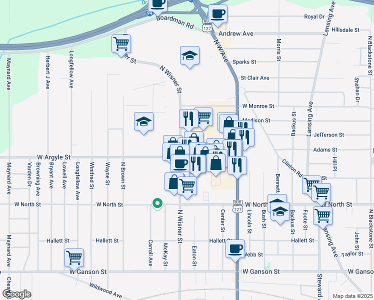 map of restaurants, bars, coffee shops, grocery stores, and more near 1190 West Argyle Street in Jackson