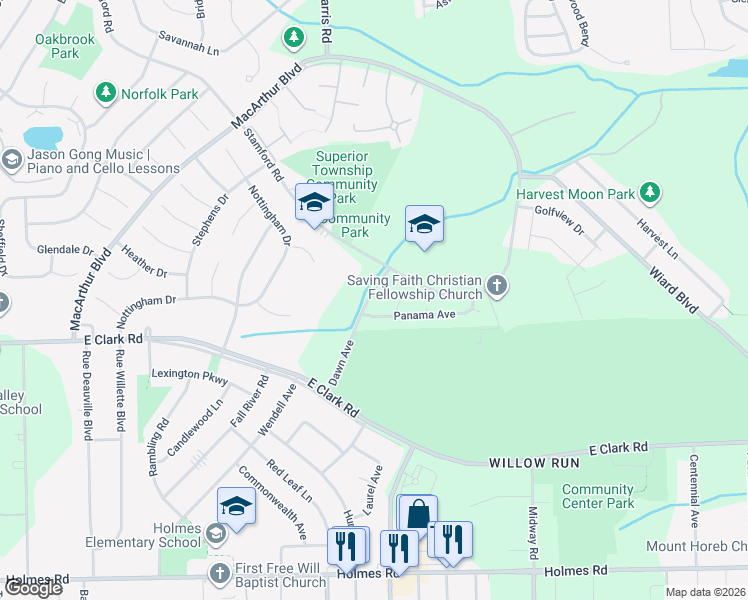 map of restaurants, bars, coffee shops, grocery stores, and more near 1550 Dawn Avenue in Washtenaw County