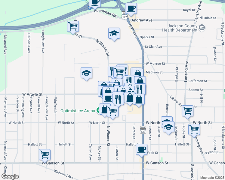 map of restaurants, bars, coffee shops, grocery stores, and more near 1190 West Argyle Street in Jackson