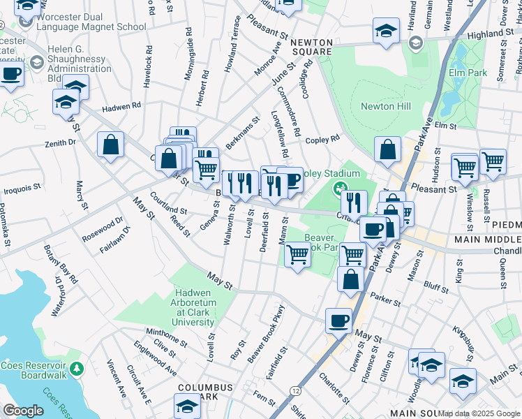 map of restaurants, bars, coffee shops, grocery stores, and more near 352 Chandler Street in Worcester