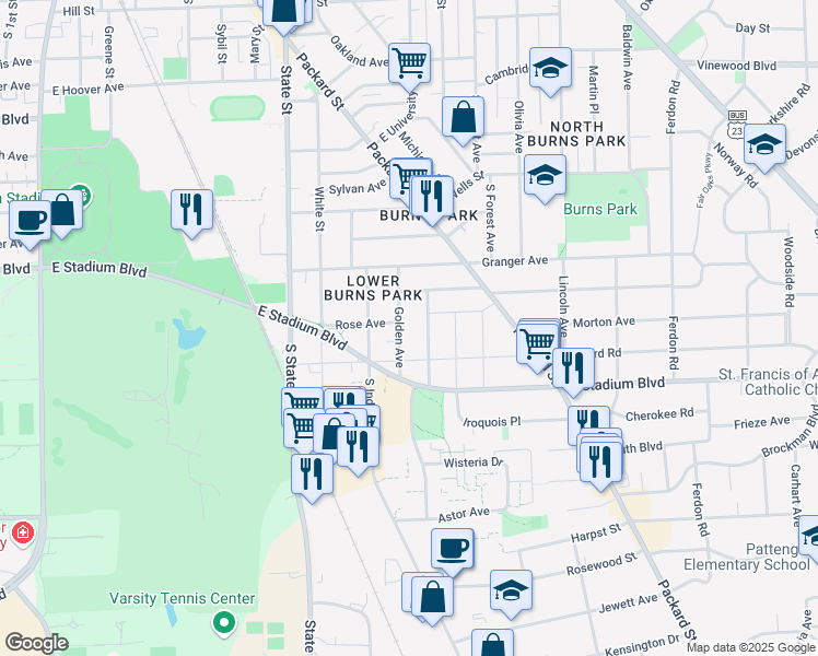 map of restaurants, bars, coffee shops, grocery stores, and more near 1505 Golden Avenue in Ann Arbor