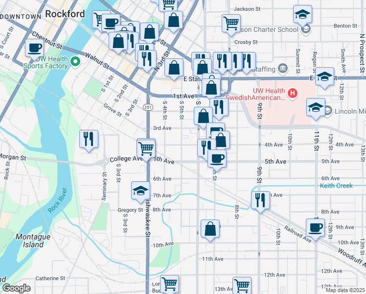 map of restaurants, bars, coffee shops, grocery stores, and more near 504 South 5th Street in Rockford