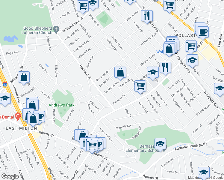 map of restaurants, bars, coffee shops, grocery stores, and more near 142 Pine Street in Quincy