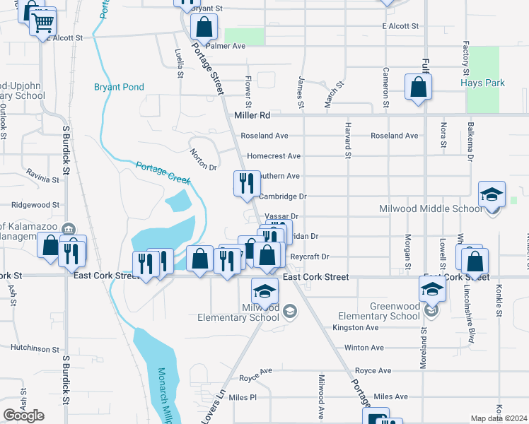 map of restaurants, bars, coffee shops, grocery stores, and more near 947 Vassar Drive in Kalamazoo