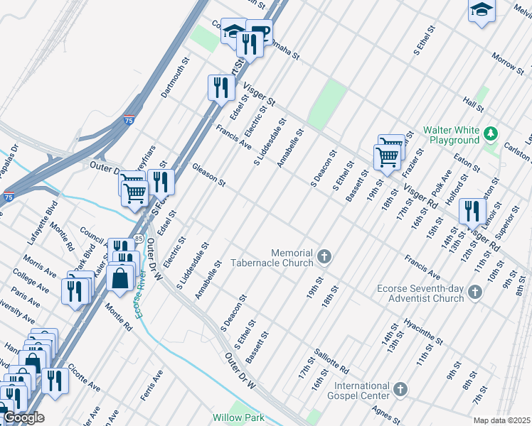 map of restaurants, bars, coffee shops, grocery stores, and more near 3300 S Beatrice St in Detroit