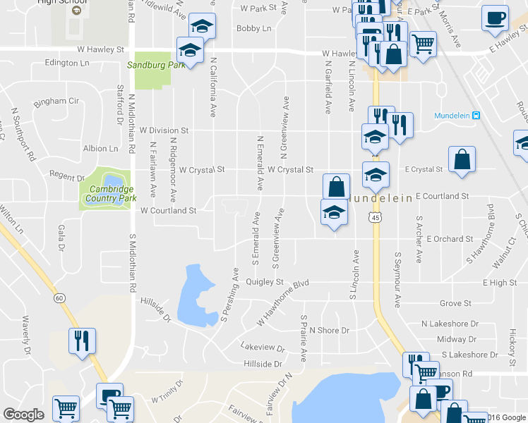 map of restaurants, bars, coffee shops, grocery stores, and more near 33 South Emerald Avenue in Mundelein