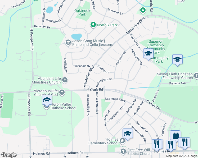 map of restaurants, bars, coffee shops, grocery stores, and more near 8715 Nottingham Drive in Superior Charter Township