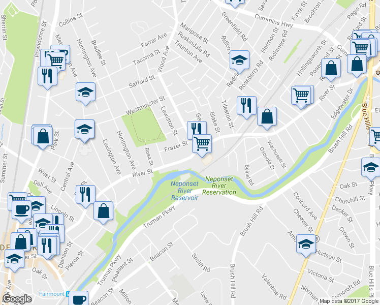 map of restaurants, bars, coffee shops, grocery stores, and more near 869-871 River St in Boston