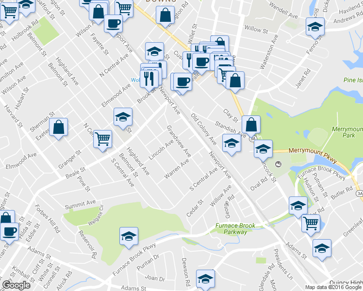 map of restaurants, bars, coffee shops, grocery stores, and more near 94 Grand View Ave in Quincy