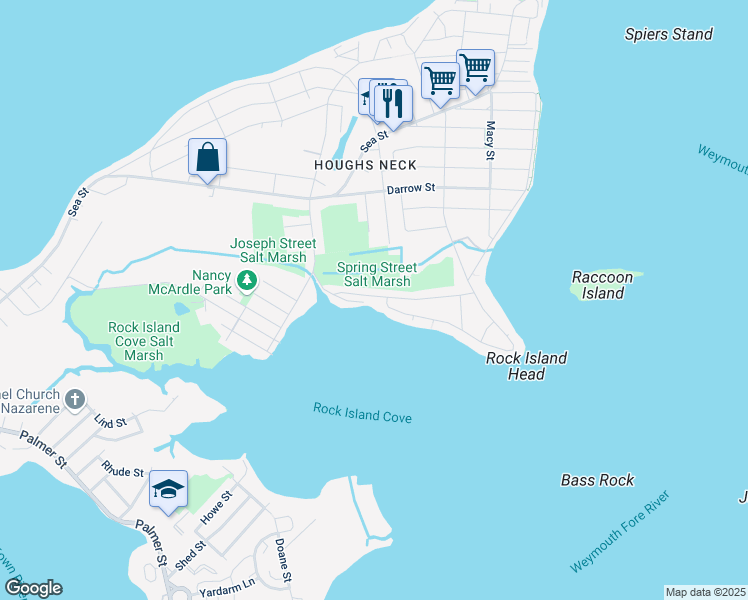 map of restaurants, bars, coffee shops, grocery stores, and more near 73 Spring Street in Quincy