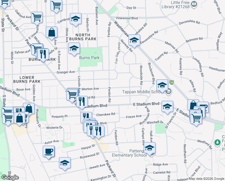 map of restaurants, bars, coffee shops, grocery stores, and more near 1616 Morton Avenue in Ann Arbor