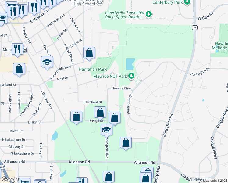 map of restaurants, bars, coffee shops, grocery stores, and more near 13 Washington Boulevard in Mundelein