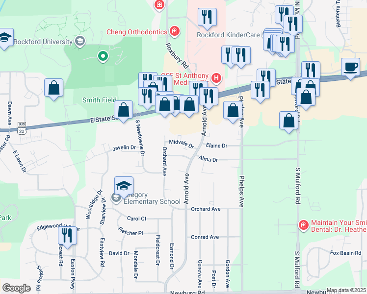 map of restaurants, bars, coffee shops, grocery stores, and more near 5417 Midvale Drive in Rockford
