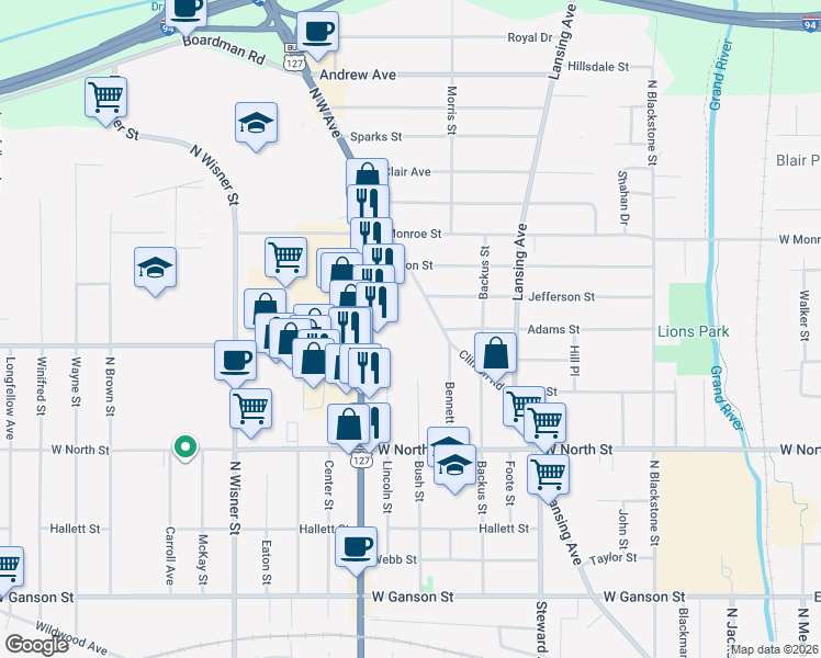 map of restaurants, bars, coffee shops, grocery stores, and more near 1100 Clinton Road in Jackson
