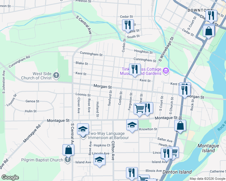 map of restaurants, bars, coffee shops, grocery stores, and more near 1108 Sanford St in Rockford