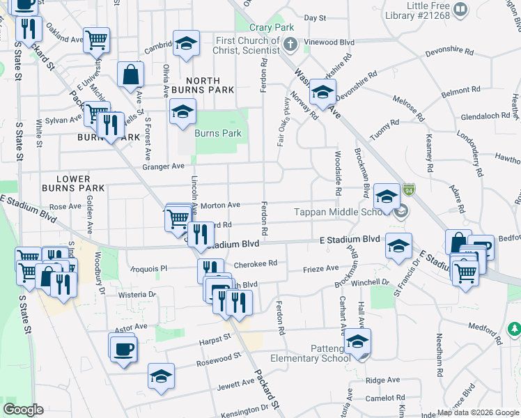 map of restaurants, bars, coffee shops, grocery stores, and more near 1614 Ferdon Road in Ann Arbor