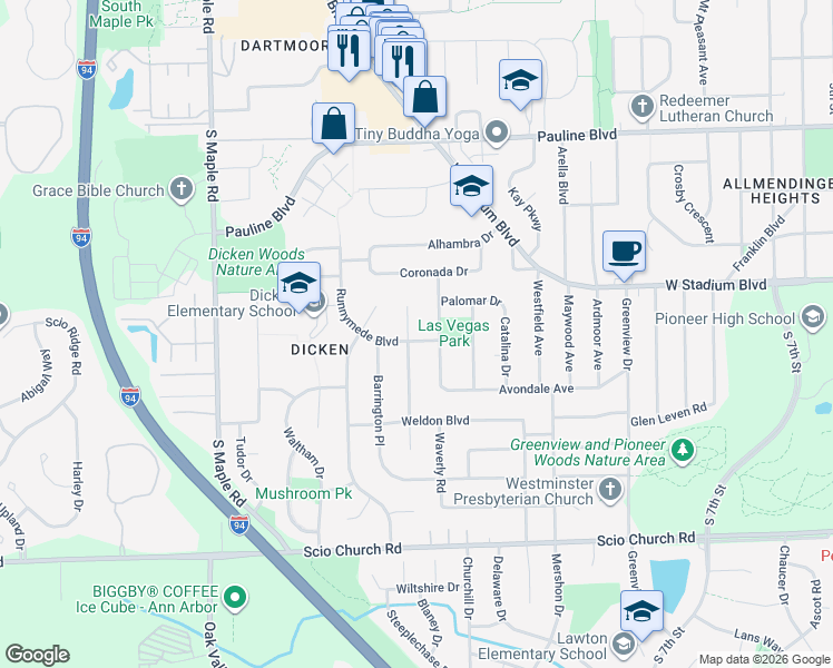 map of restaurants, bars, coffee shops, grocery stores, and more near 1918 Runnymede Boulevard in Ann Arbor