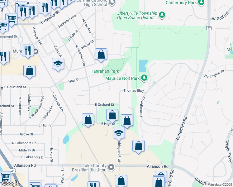 map of restaurants, bars, coffee shops, grocery stores, and more near 4 Washington Boulevard in Mundelein