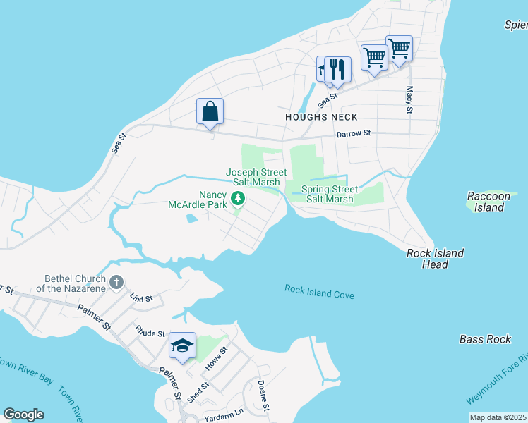 map of restaurants, bars, coffee shops, grocery stores, and more near 68 Huntress Street in Quincy