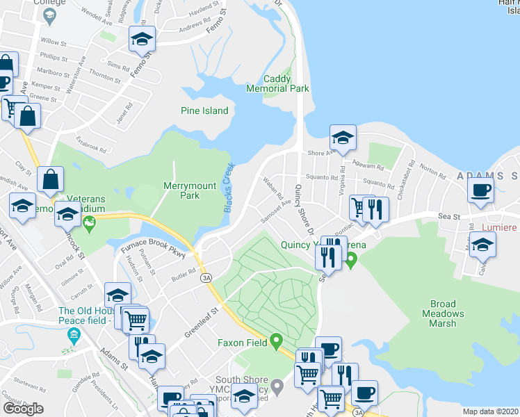 map of restaurants, bars, coffee shops, grocery stores, and more near 3 Moreland Road in Quincy