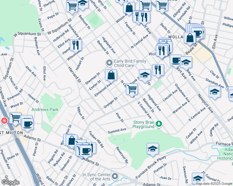 map of restaurants, bars, coffee shops, grocery stores, and more near 154 Norfolk Street in Quincy