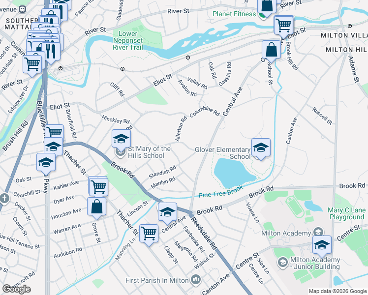 map of restaurants, bars, coffee shops, grocery stores, and more near 179 Hinckley Road in Milton