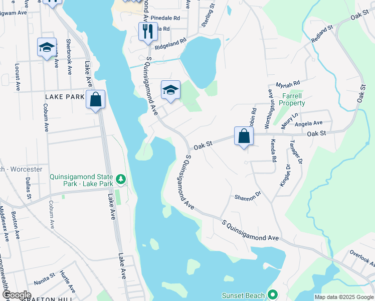 map of restaurants, bars, coffee shops, grocery stores, and more near 190 South Quinsigamond Avenue in Shrewsbury