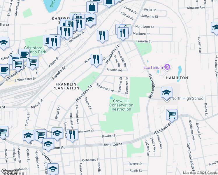 map of restaurants, bars, coffee shops, grocery stores, and more near 25 Amanola Avenue in Worcester