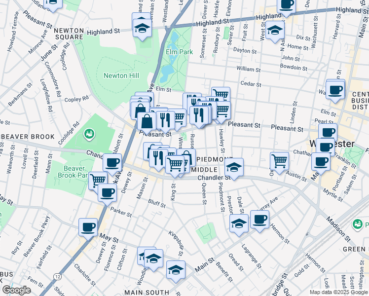map of restaurants, bars, coffee shops, grocery stores, and more near 9 Winslow Street in Worcester
