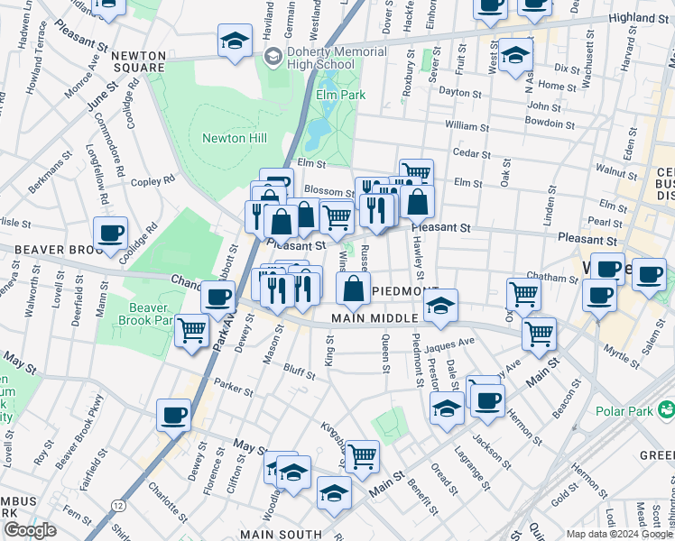 map of restaurants, bars, coffee shops, grocery stores, and more near 9 Winslow Street in Worcester