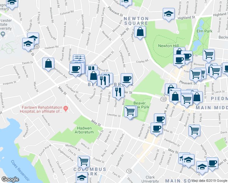 map of restaurants, bars, coffee shops, grocery stores, and more near 358 Chandler Street in Worcester