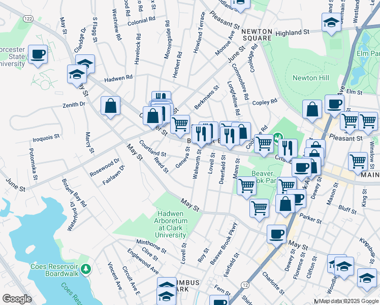 map of restaurants, bars, coffee shops, grocery stores, and more near 4 Walworth Street in Worcester