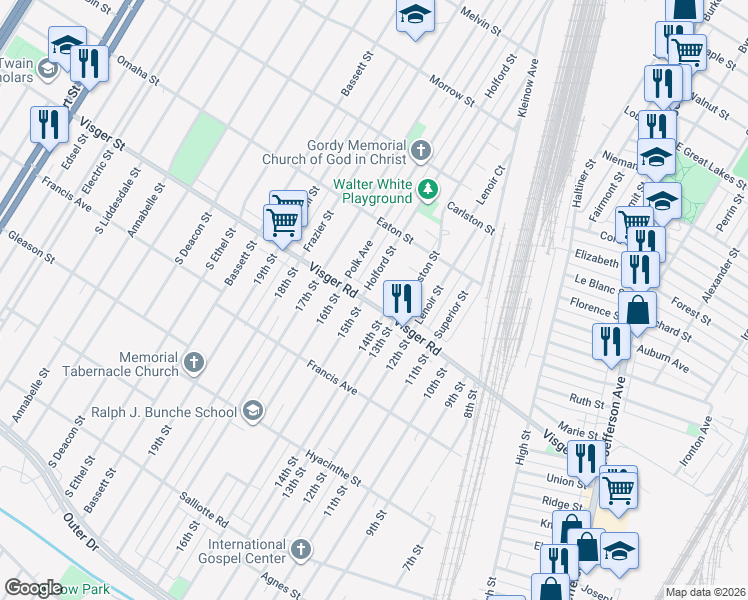 map of restaurants, bars, coffee shops, grocery stores, and more near 240 Visger Road in River Rouge