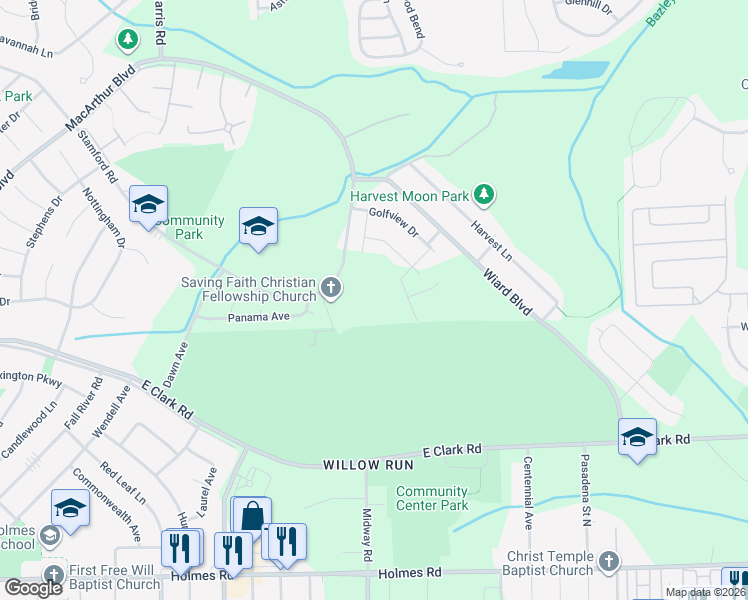 map of restaurants, bars, coffee shops, grocery stores, and more near 1649 Greenway Drive in Superior Charter Township