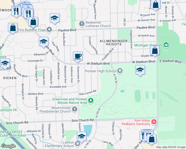 map of restaurants, bars, coffee shops, grocery stores, and more near 1499 Kirtland Drive in Ann Arbor