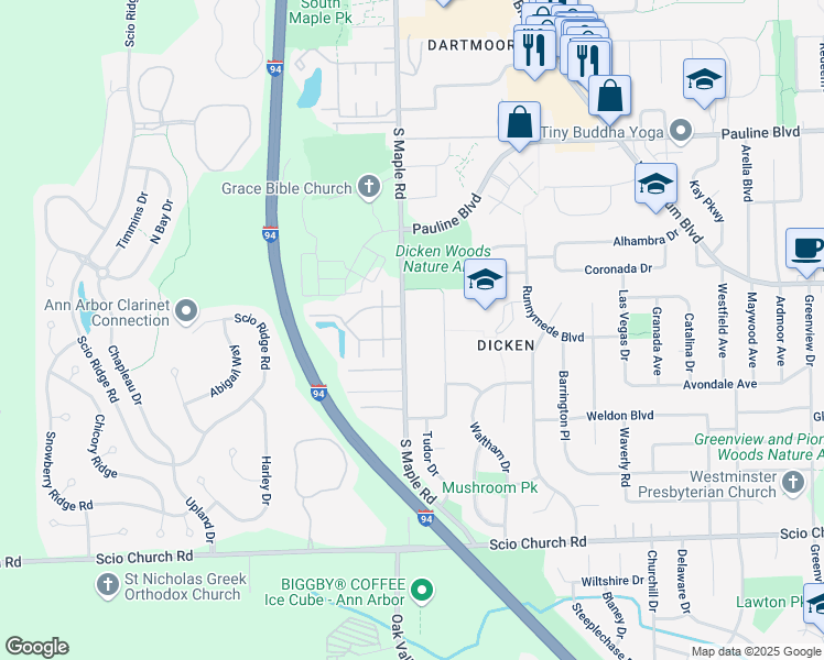 map of restaurants, bars, coffee shops, grocery stores, and more near 1535 South Maple Road in Ann Arbor