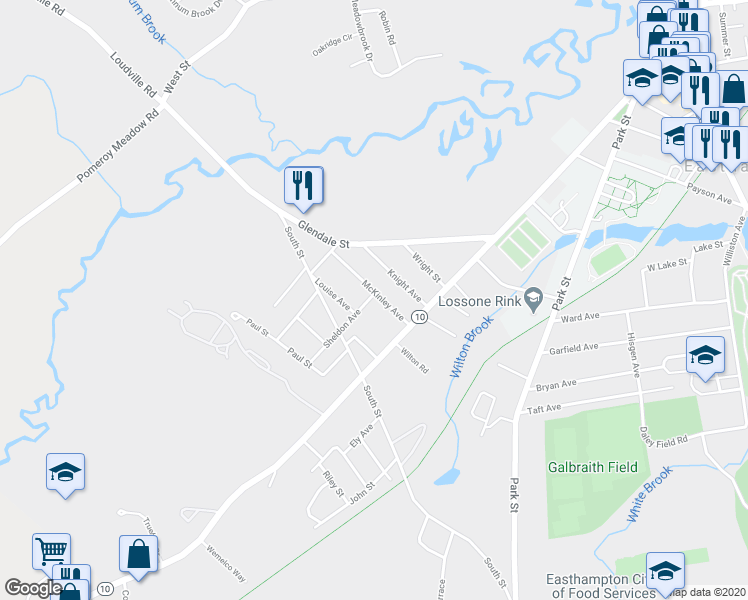 map of restaurants, bars, coffee shops, grocery stores, and more near 12 McKinley Avenue in Easthampton