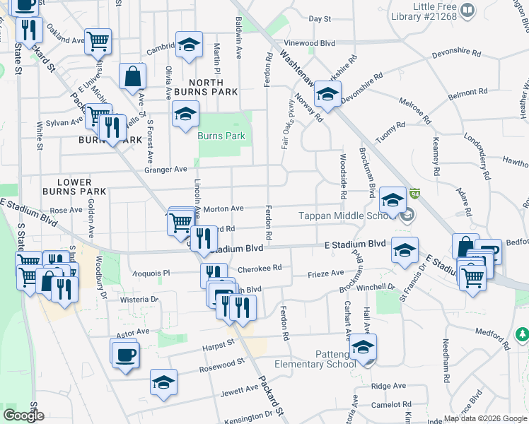 map of restaurants, bars, coffee shops, grocery stores, and more near 1616 Morton Avenue in Ann Arbor