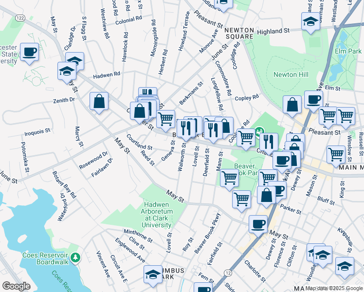 map of restaurants, bars, coffee shops, grocery stores, and more near 4 Walworth Street in Worcester