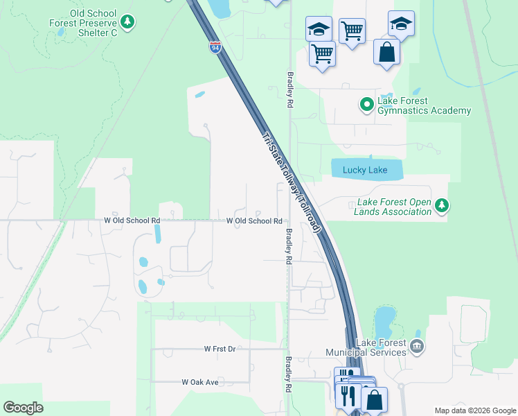 map of restaurants, bars, coffee shops, grocery stores, and more near 14080 West Old School Road in Libertyville