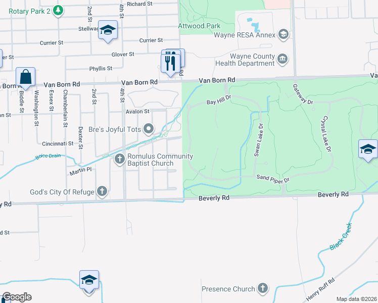 map of restaurants, bars, coffee shops, grocery stores, and more near 6167 Treetops Drive in Romulus