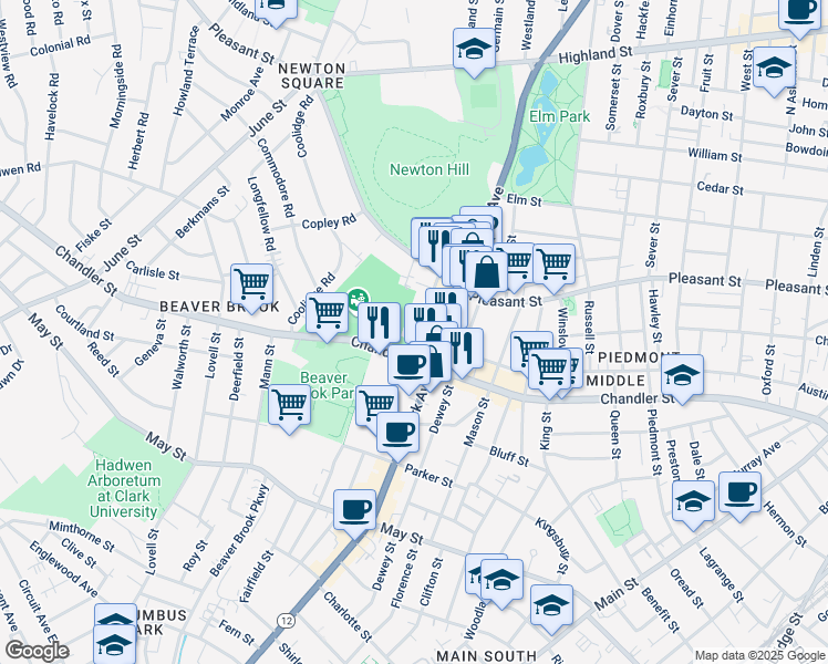 map of restaurants, bars, coffee shops, grocery stores, and more near 40 Abbott Street in Worcester