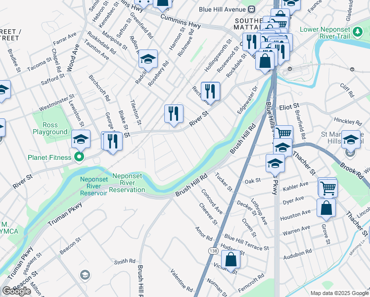map of restaurants, bars, coffee shops, grocery stores, and more near 48 Wachusett Street in Boston