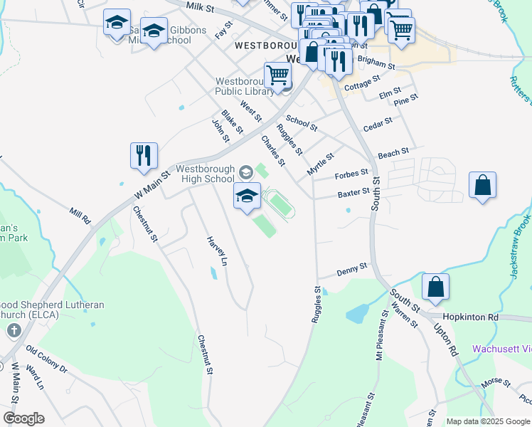 map of restaurants, bars, coffee shops, grocery stores, and more near 90 West Main Street in Westborough