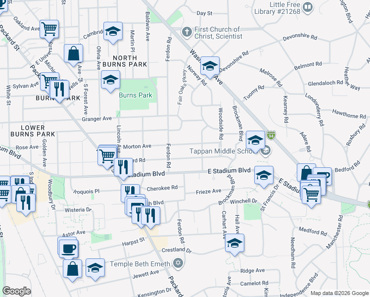 map of restaurants, bars, coffee shops, grocery stores, and more near 1710 Morton Avenue in Ann Arbor