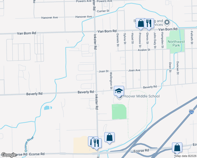 map of restaurants, bars, coffee shops, grocery stores, and more near 6273 Inkster Road in Taylor